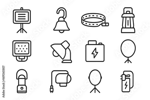 Construction Light Icons. Outline icon set of Construction area illumination tools: light stand, clamp light,