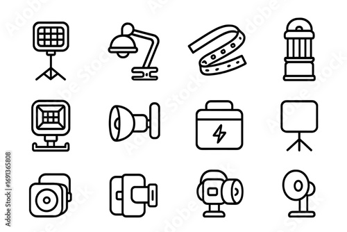 Construction Light Icons. Outline icon set of Construction area illumination tools: light stand, clamp light,