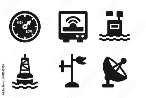 Tidal Instruments Icons. Solid, filled icon set of tidal instruments: tide clock, sonar device, tide chart, water level sensor,