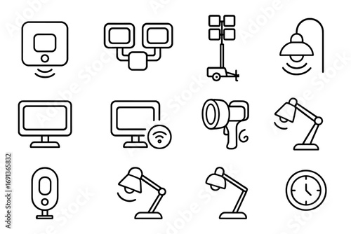 Innovative Lighting Icons. Outline icon set of Innovative site lighting technology: smart sensor light,