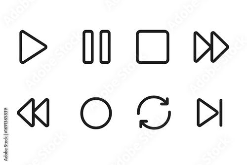 Time Control Icons. Outline icon set of time control: play, pause, stop, rewind, fast forward, record, loop, skip. Line icons in