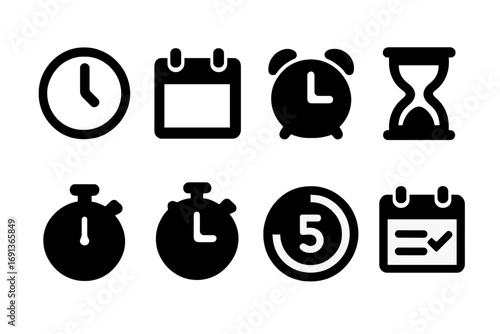 Time Icon Set. Solid, filled icon set of time intervals: clock, calendar, alarm clock, hourglass, timer, stopwatch, countdown,