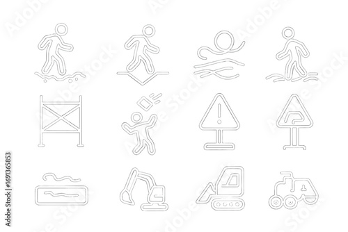 Construction Hazard Icons. Outline icon set of Construction site hazards at night: uneven ground, open pit,