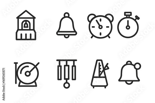 Time Signal Icons. Outline icon set of time signals: bell tower, church bell, alarm clock, timer, gong, wind chime, metronome,