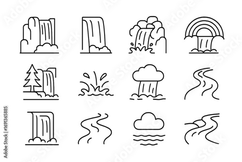 Waterfall Icon Set. Outline icon set of waterfalls and streams: cascade, cliff, rocks, rainbow, forest tree,