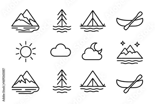 Mountain Lake Icons. Outline icon set of mountain lakes: high peak, pine tree, rippling water, camp tent,