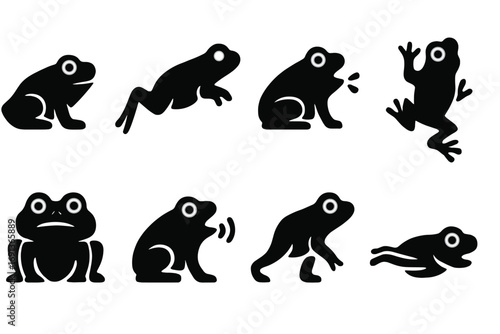 Toad Icon Set. Solid, filled icon set of toad movements and poses: sitting toad, jumping toad, crouching toad, climbing toad,