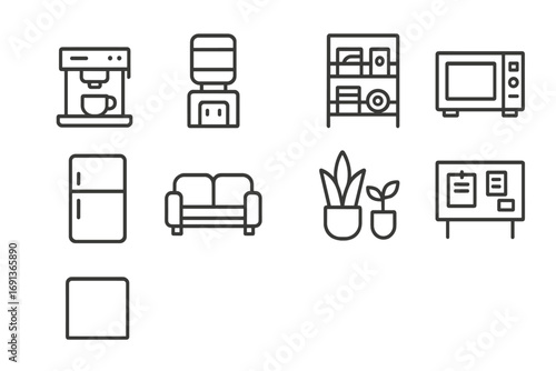 Office Icon Set. Outline icon set of Office amenities: coffee machine, water cooler, snack shelf, microwave,