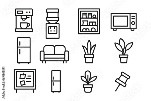Office Icon Set. Outline icon set of Office amenities: coffee machine, water cooler, snack shelf, microwave,