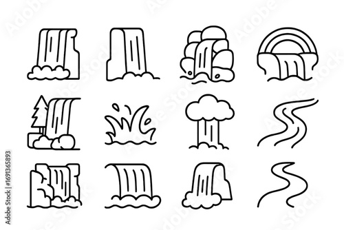 Waterfall Icon Set. Outline icon set of waterfalls and streams: cascade, cliff, rocks, rainbow, forest tree,