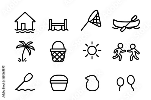 Riverside Village Icons. Outline icon set of riverside villages: house, dock, fishing net, canoe, palm tree,