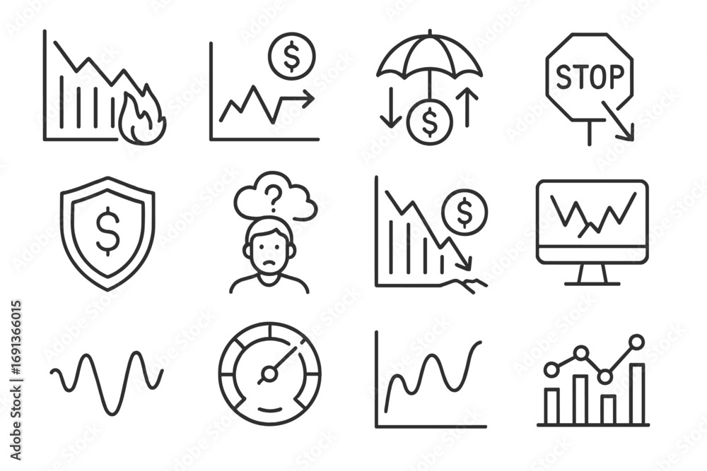 Fototapeta premium Risk and Volatility Icons. Outline icon set of Risk and volatility: market crash, price volatility, hedging,