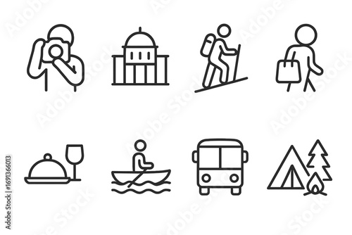 Tourist Adventure Icons. Outline icon set of tourist activities: taking photos, visiting landmarks, hiking, shopping, dining, boat