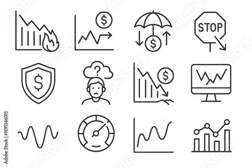 Risk and Volatility Icons. Outline icon set of Risk and volatility: market crash, price volatility, hedging,