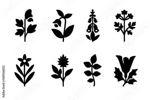 Toxic Plant Icons. Solid, filled icon set of toxic garden plants: wolfsbane, belladonna, foxglove, hemlock, oleander, castor bean,