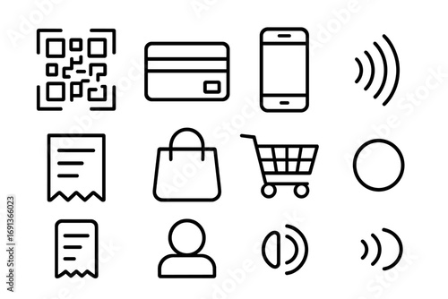 AR Payment Icons. Outline icon set of AR payment systems: QR code, credit card, mobile phone, contactless icon