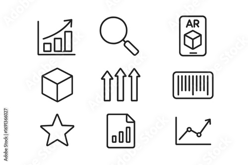 Retail Analytics Icons. Outline icon set of retail analytics with AR: chart, magnifying glass, smartphone, 3D