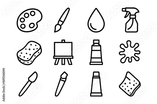 Art Tools Icon Set. Outline icon set of painting in scrapbooks: palette, brush, watercolor drop, spray bottle,