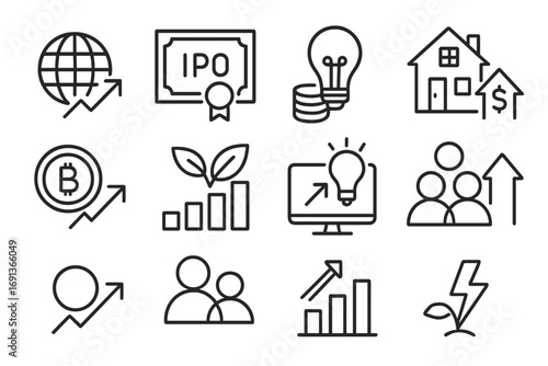 Market Opportunity Icons. Outline icon set of Market opportunities: emerging markets, IPO, startup investment,