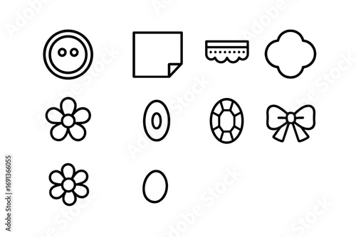 Scrapbook Icon Set. Outline icon set of scrapbook embellishments: button, sticker, lace trim, die-cut shape,