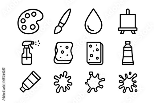 Art Tools Icon Set. Outline icon set of painting in scrapbooks: palette, brush, watercolor drop, spray bottle,