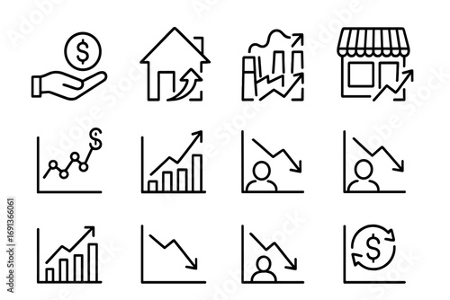 Economic Trend Icons. Outline icon set of Economic trends: consumer spending, housing market, industrial