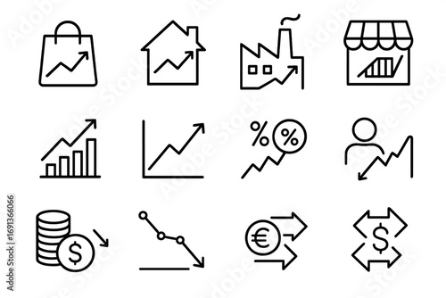 Economic Trends Icons. Outline icon set of Economic trends: consumer spending, housing market, industrial