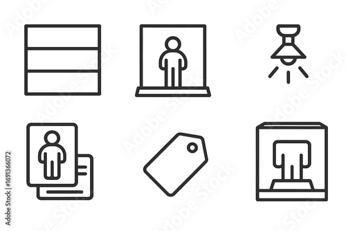 Toy Icon Set. Outline icon set of toy collection display: display shelf, glass case, lighting, label tag, collector's card, price