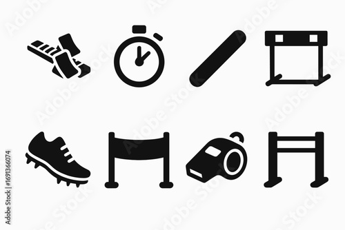 Track and Field Icons. Solid, filled icon set of track and field equipment: starting blocks, stopwatch, relay baton, hurdles,