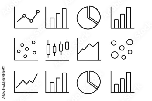 Financial Chart Icons. Outline icon set of Financial charts and graphs: line chart, bar chart, pie chart,