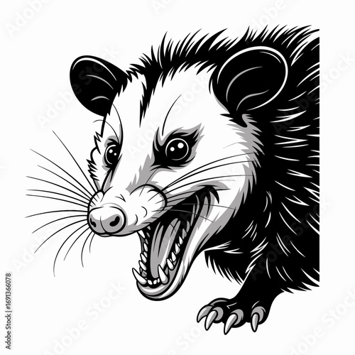 Aggressive Opossum A Monochrome Illustration of a Growling Possum