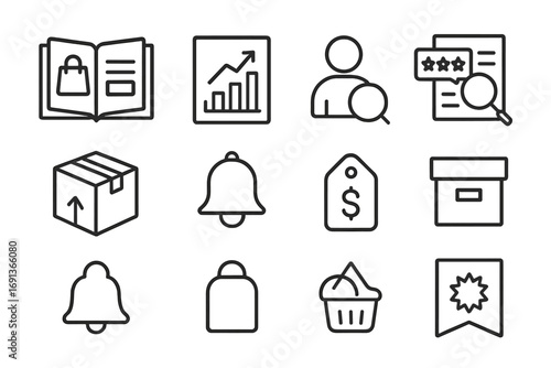 Online Store Icon Set. Outline icon set of Online store management: product catalog, sales report, customer