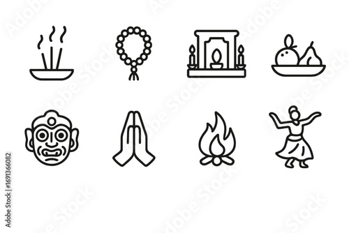 Traditional Ritual Icon Set. Outline icon set of traditional rituals: incense burning, prayer beads, altar, offering plate,