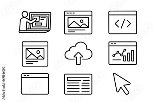 Business Website Icon Set. Outline icon set of A person building a business website: laptop, website layout,