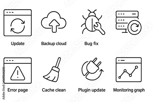 Website Maintenance Icons. Outline icon set of Website maintenance: update icon, backup cloud, bug fix, server