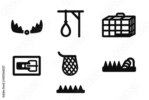 Trap Icon Collection. Solid, filled icon set of traps: bear trap, snare trap, pitfall, cage trap, mousetrap, net trap, spike trap,