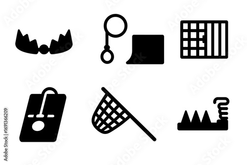 Trap Icon Collection. Solid, filled icon set of traps: bear trap, snare trap, pitfall, cage trap, mousetrap, net trap, spike trap,