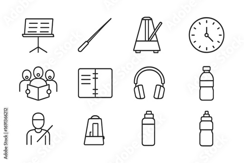 Rehearsal Practice Icons. Outline icon set of rehearsal practice: music stand, conductor baton, metronome,