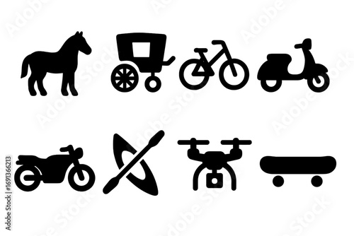 Transport Icons Grid. Solid, filled icon set of companion transport: horse, carriage, bicycle, scooter, motorcycle, canoe, drone,