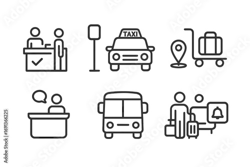 Travel Arrival Icons. Outline icon set of travel arrivals: hotel check-in, taxi stand, map pin, luggage cart, welcome desk,