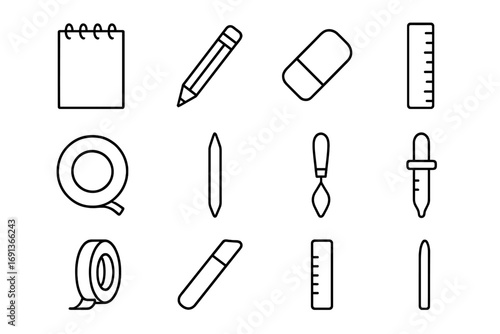 Painting Tools Icons. Outline icon set of Painting tools and accessories: sketchbook, pencil, eraser, ruler,