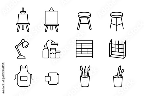 Art Studio Icons. Outline icon set of Art studio setup: easel, canvas, stool, lamp, paint jars, drying rack,