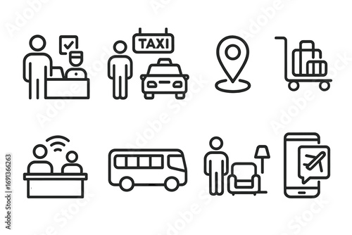 Travel Arrival Icons. Outline icon set of travel arrivals: hotel check-in, taxi stand, map pin, luggage cart, welcome desk,