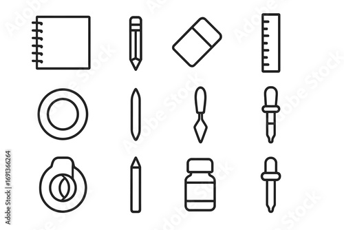 Painting Tools Icons. Outline icon set of Painting tools and accessories: sketchbook, pencil, eraser, ruler,