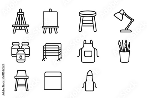 Art Studio Icons. Outline icon set of Art studio setup: easel, canvas, stool, lamp, paint jars, drying rack,