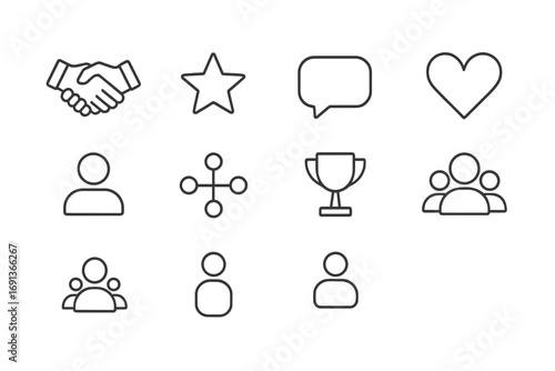 Brand Engagement Icons. Outline icon set of brand engagement: handshake, star, comment bubble, heart, user