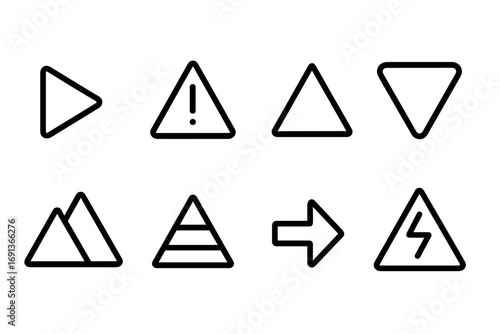 Triangle Icon Set. Outline icon set of triangle symbols: play button, warning sign, delta symbol, yield sign, mountain peak,