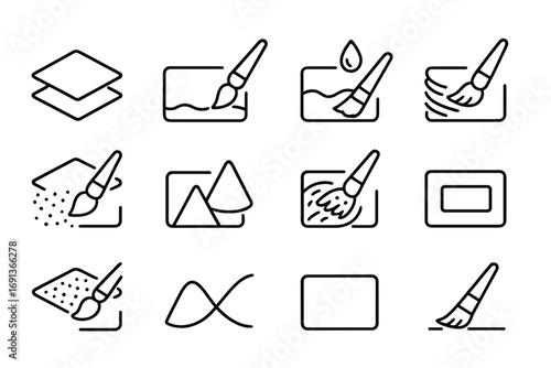 Gouache Techniques Icons. xOutline icon set of Gouache techniques: layering, glazing, wet-on-wet, dry brush,
