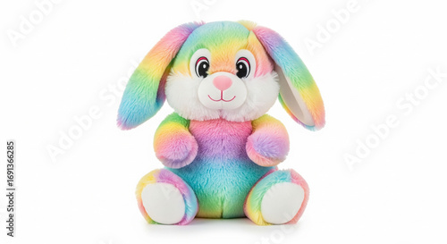 Cute colorful rainbow stuffed bunny toy sitting on an isolated transparent background, soft and playful for children.