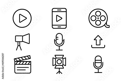 Video Marketing Icons. Outline icon set of video marketing: play button, camera, smartphone, film reel,